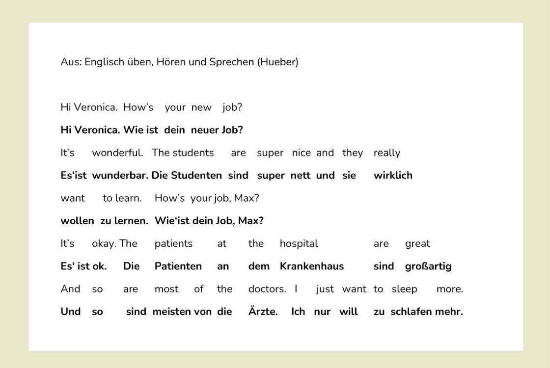 Ein englischer Text unter dem Wort für Wort die deutschen Bedeutungen stehen