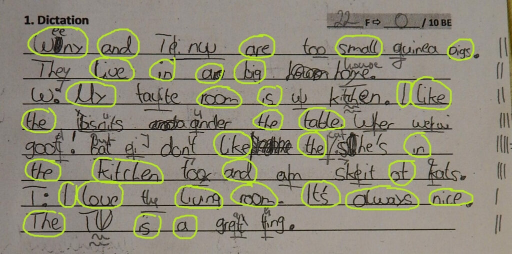 Ein englischer Diktattext. Die richtigen Wörter sind grün eingekreist.