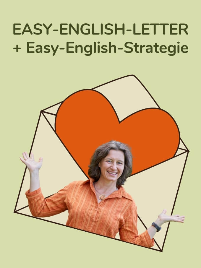 Brief mit einem Herz in dem eine Frau in oranger Bluse drin steckt. Oben drüber steht: Easy-English-Letter + Easy-English-Strategie