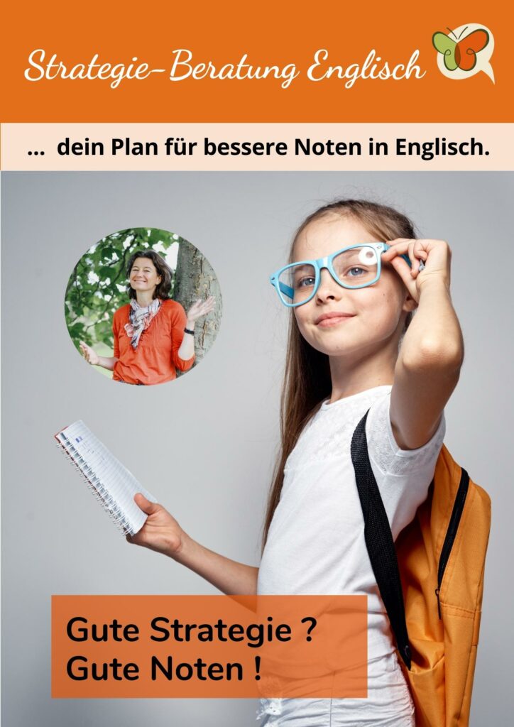 Mädchen mit Schulrucksack und auffallender Brille steht selbstbewusst da. Darüber steht: Strategie-Beratung, dein Plan für bessere Noten in Englisch.