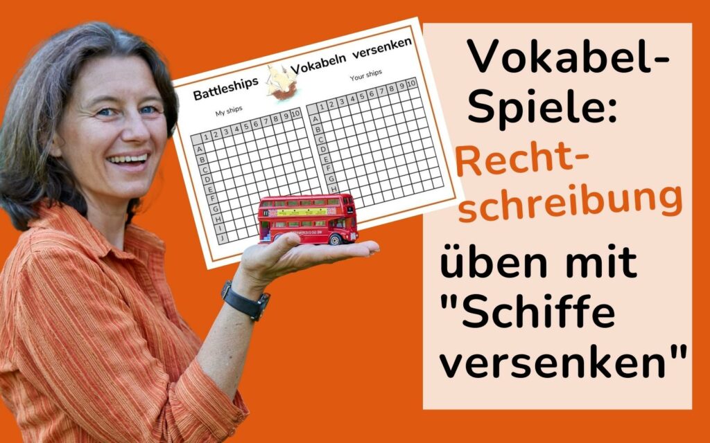 Beitragsbild: Frau mit "Schiffe versenken" im Hintergrund. Text: Vokabelspiele: Rechtschreibung üben mit "Schiffe versenken."